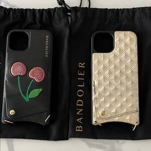Bandolier Black Phone Case with Pink Cherry Appliqué and Green Stem